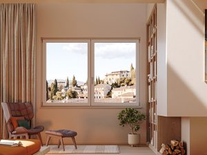 Ventana PVC blanca oscilobatiente con persiana de 150X100cm