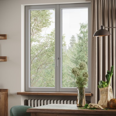 Ventana PVC blanca oscilobatiente con persiana de 120X100 cm